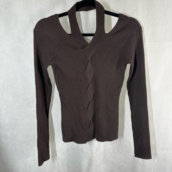 Jonathan Simkhai Leah Ribbed Cable Knit Wool Blend Sweater Chocolate - Picture 2 of 14